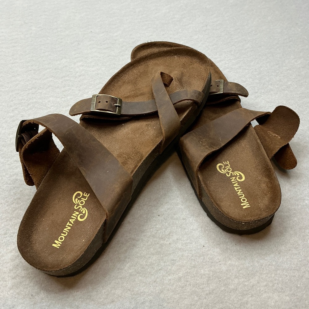 Mountain Sole Leather Sandals Toe Loop Buckle Brown Size 11 Casual Slide MS29282